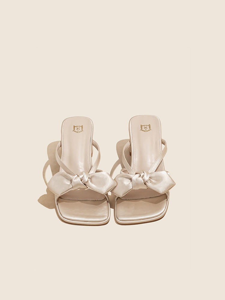 Bow Detail French Square Toe High Heel Slides