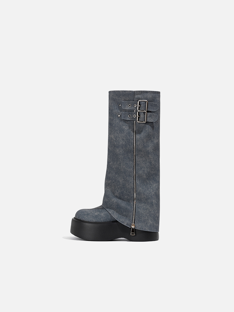 Denim Stacked Long Boots