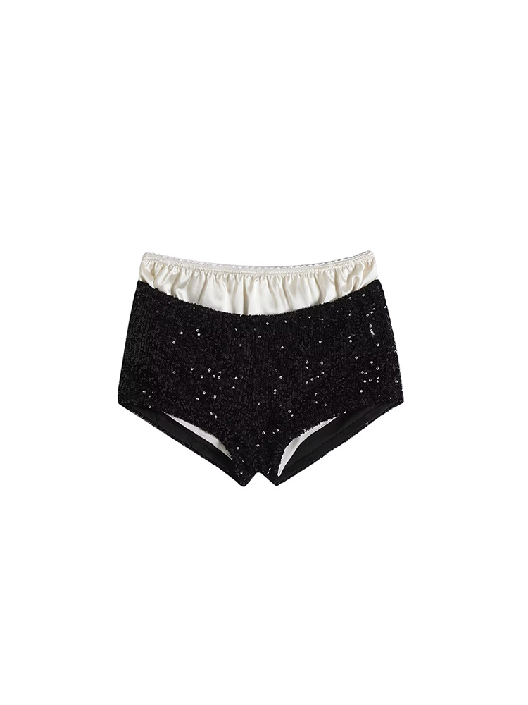Fashion Sequin Two-Piece Satin Colorblock Mini Shorts with Base Layer