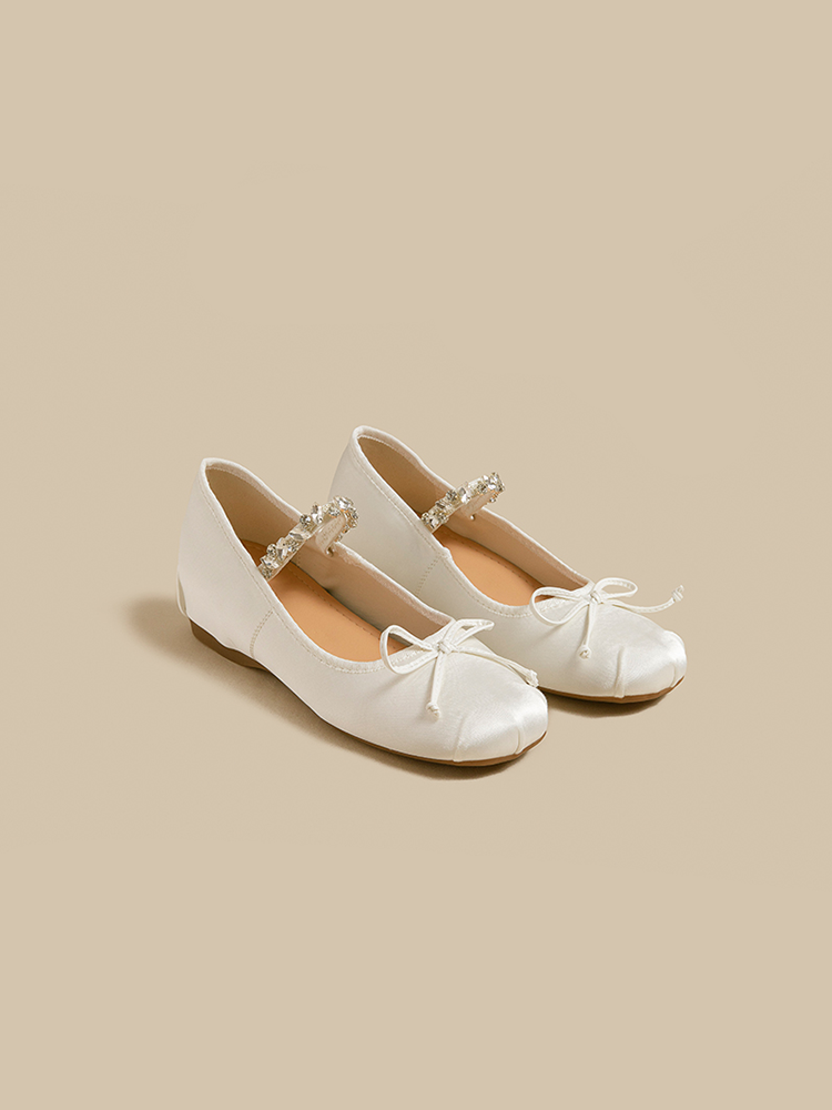 Satin Ballet Flats with Rhinestone Bow