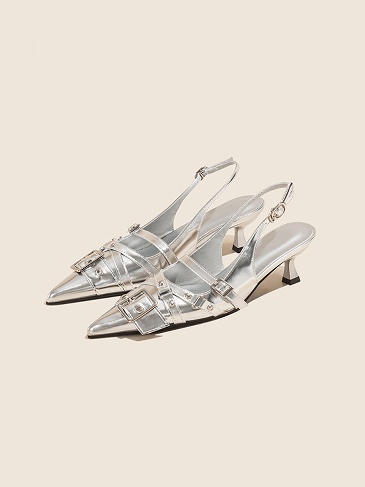 Silver Pointed Toe Leather High Heel Slide with Buckle