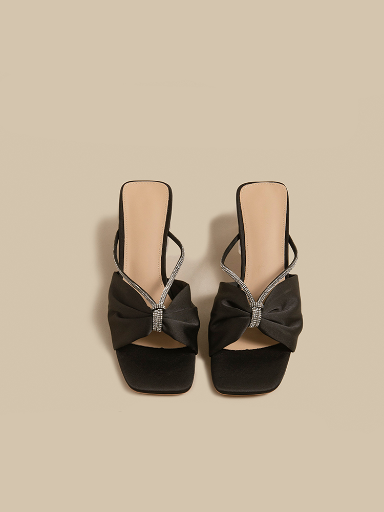 Square Toe Crystal Heel Mule Sandals