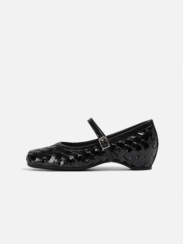 French Woven Slip-On Mary Jane Flats with Buckle Strap