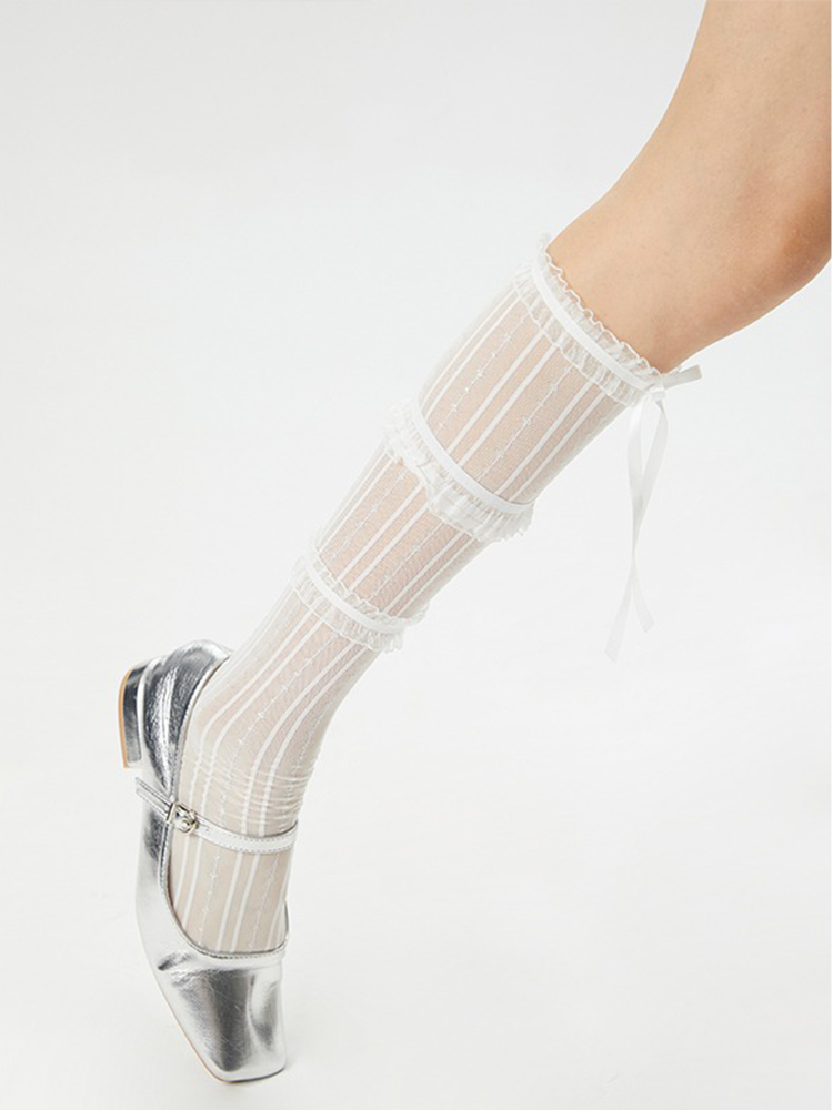 Ruffle Lace up Bowknot Lady's Knee High Stocking - Yangma